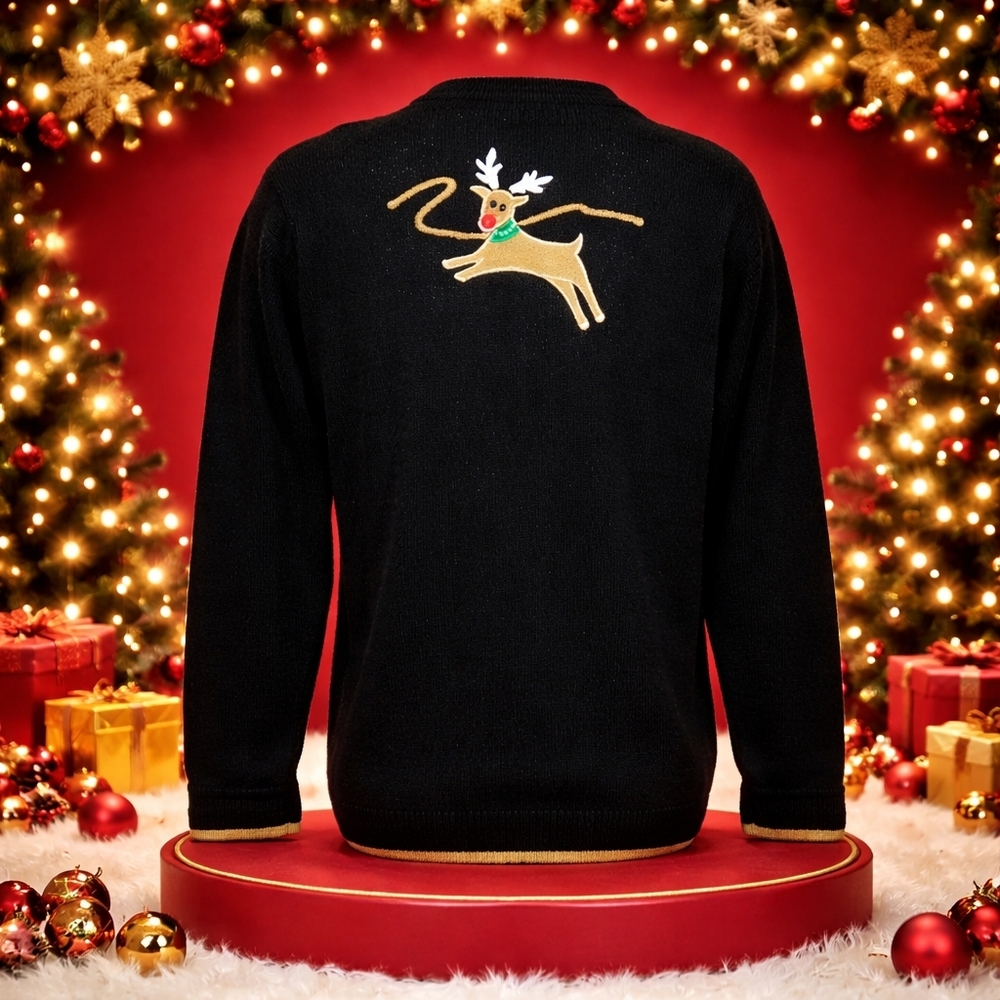 Vintage Lemon Grass "Rudolph" reindeer Cardigan Small Black Detach Scarf - Picture 3 of 16